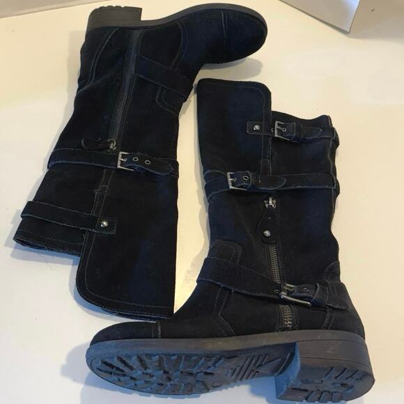 MOJO MOXY black suede buckle zip moto boots Y2K high low knee stud women's 9 - Picture 7 of 13